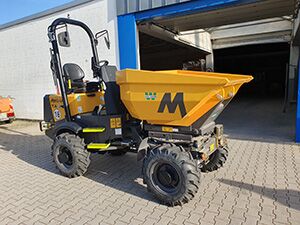 Raddumper - Apken GmbH Ein hell Orangefarbener Raddumper mit einem geräumigen Kippbett, ideal für den Materialtransport.